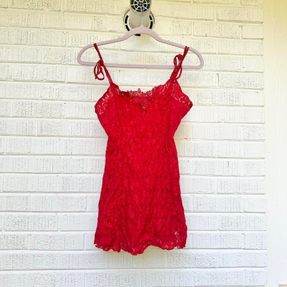 Vintage 90's Red Floral Lace Slip Mini Linerie Dress